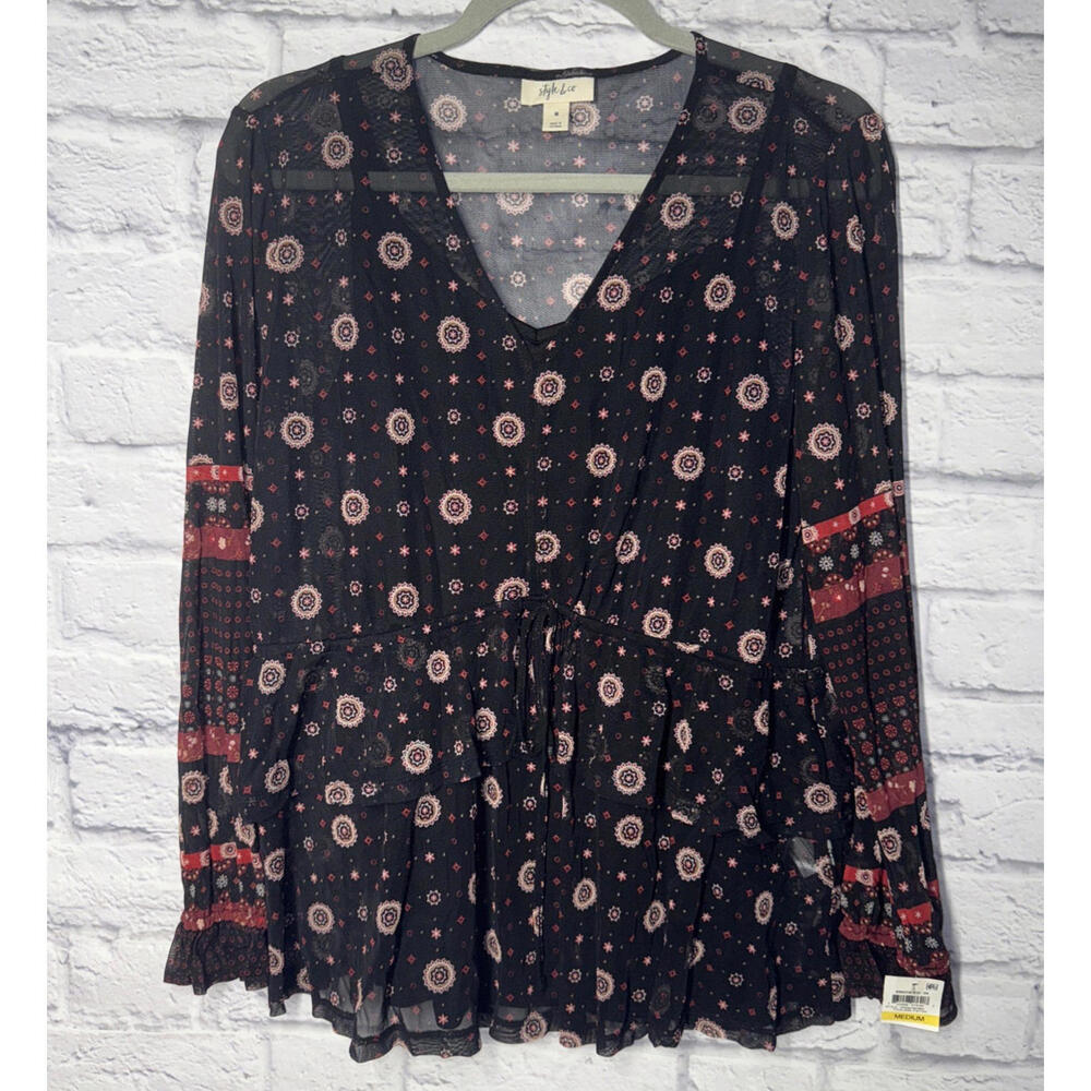 NWT Stlye & Co Black  Red Boho Peasant Blouse M Medium